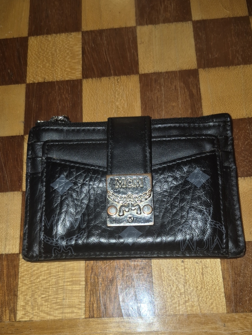 MCM Black Leather Card Case with Gold Logo Plate